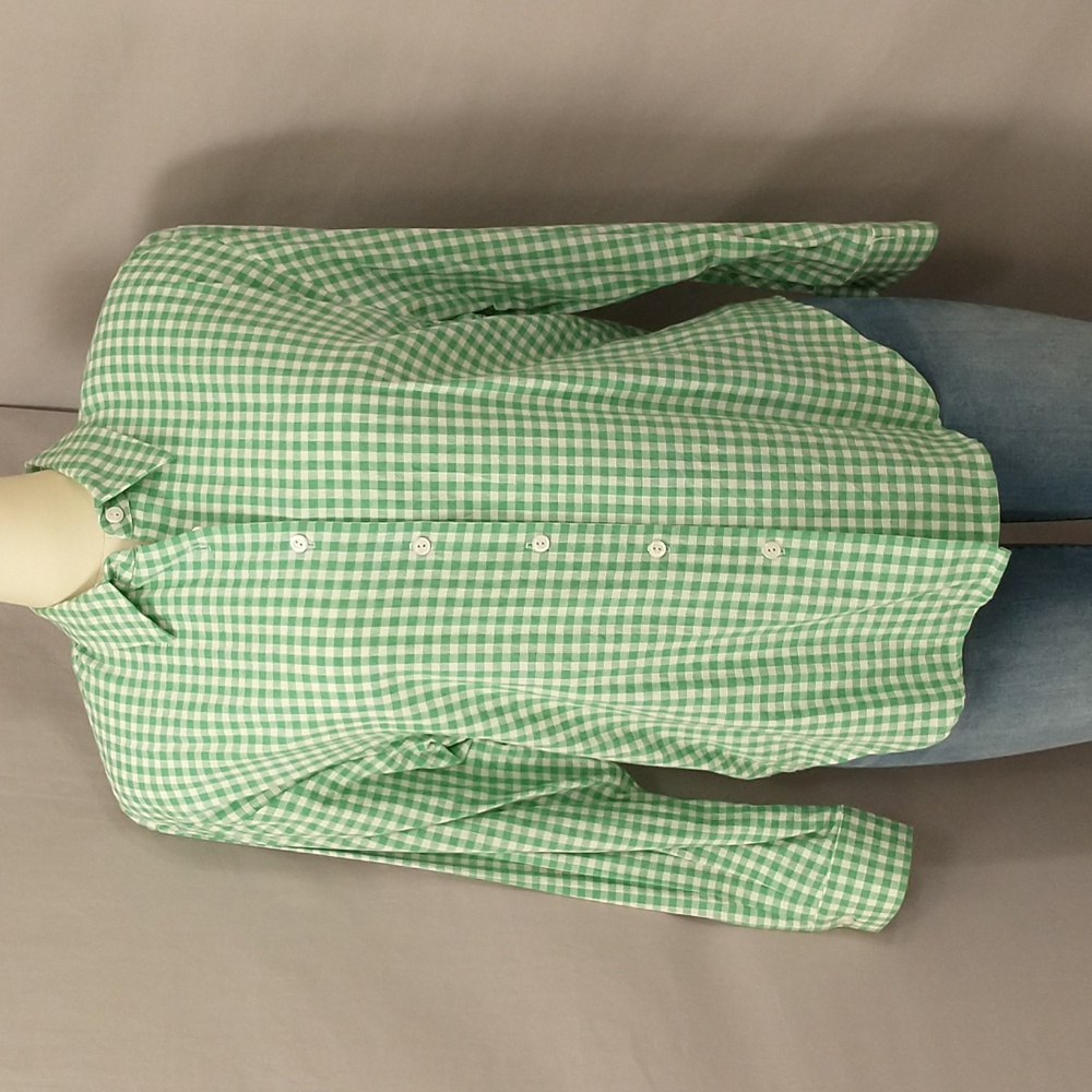 80s Vintage Gingham Check Blouse Long Sleeve Classic Button Down Green & White